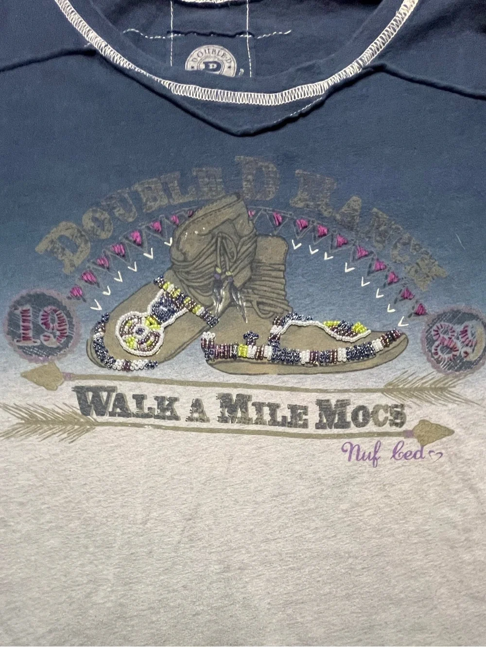 Double D Ranch Women XL Blue Gray Purple Ombre V-Neck Beaded Graphic T-Shirt, XL
